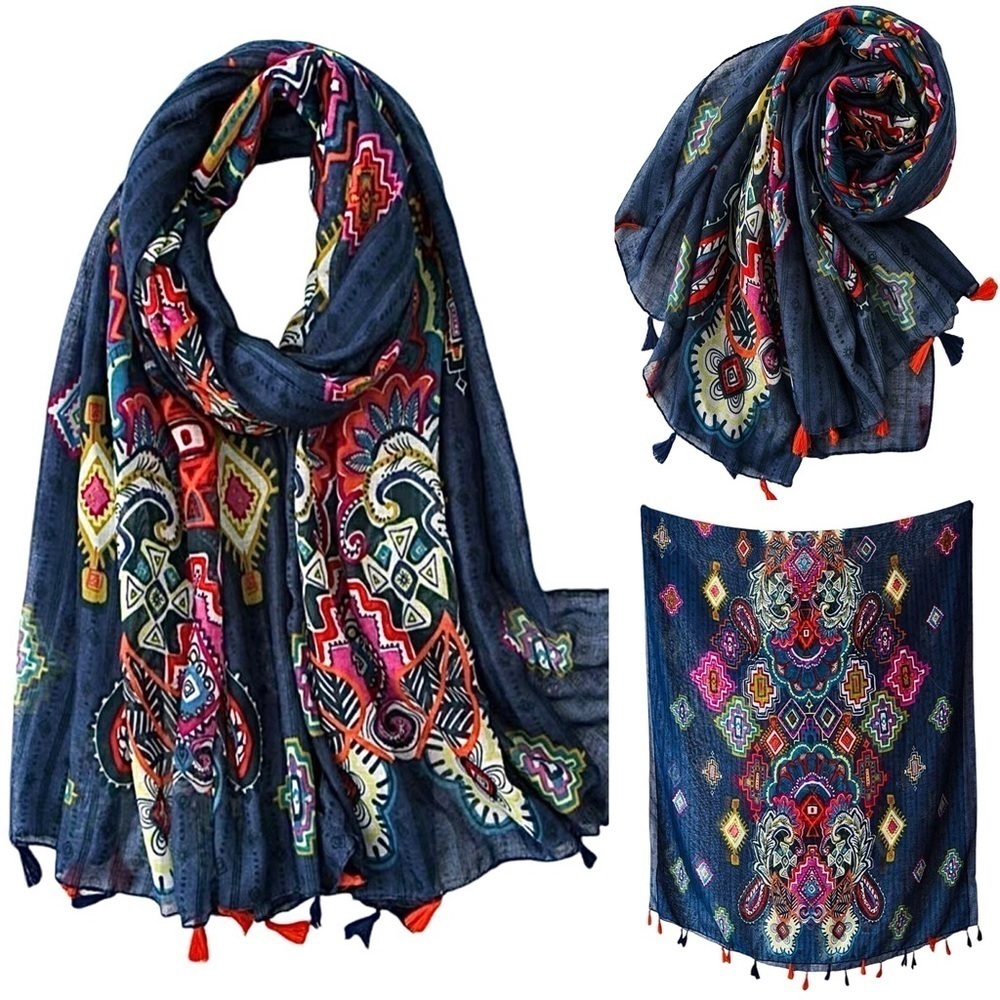 Paisley Print Scarf Aztec Accents Navy Multicolored Long Fringe 36” x 70” New!